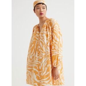 HM Orange White Marble Swirl Cotton Poplin Trapeze Mini Dress Puff Sleeve Womens